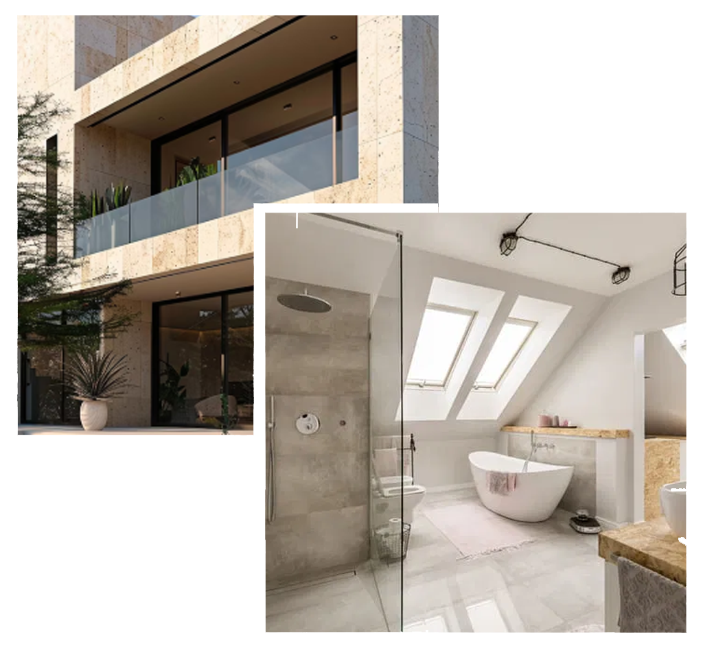 Modern building exterior with large windows; bright, stylish bathroom with skylights and a freestanding tub—perfect for those seeking expert interior remodeling or professional construction service.