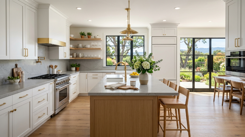 Finished modern Bay Area kitchen with new white shaker cabinets after professional cabinet painting vs refinishing vs refacing Bay Area project by Adval Construction Inc.