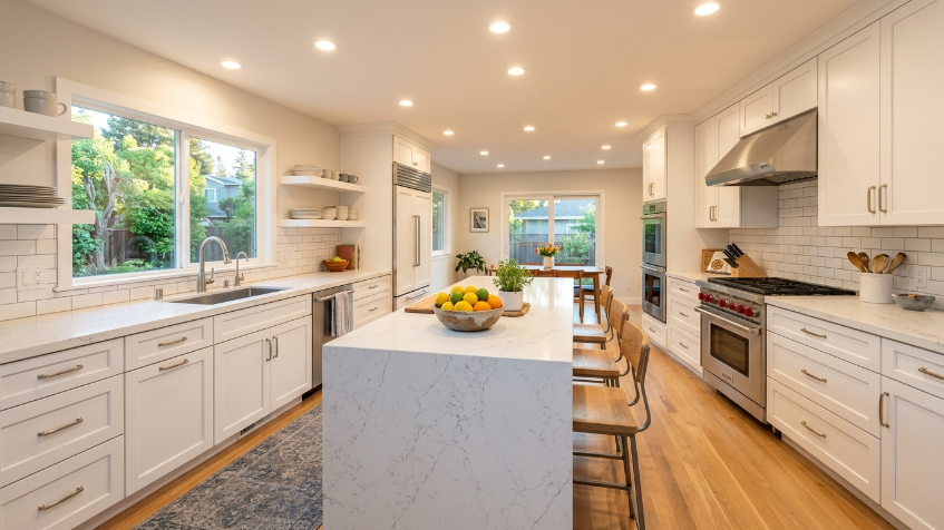 finished modern white kitchen cabinets after professional cabinet painting in Bay Area home — bright clean result by Adval Construction Inc. 2026