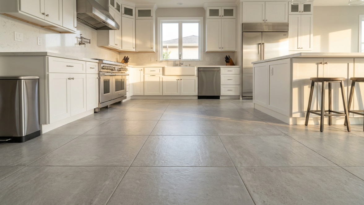 best flooring Bay Area kitchens bathrooms 2026 — modern kitchen with large-format light gray porcelain tile and white Shaker cabinets
