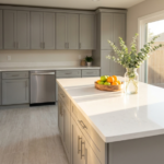 Completed Vacaville kitchen with gray refaced cabinets and porcelain tile flooring — combine flooring cabinet refacing Bay Area"