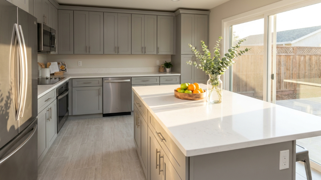 Completed Vacaville kitchen with gray refaced cabinets and porcelain tile flooring — combine flooring cabinet refacing Bay Area"