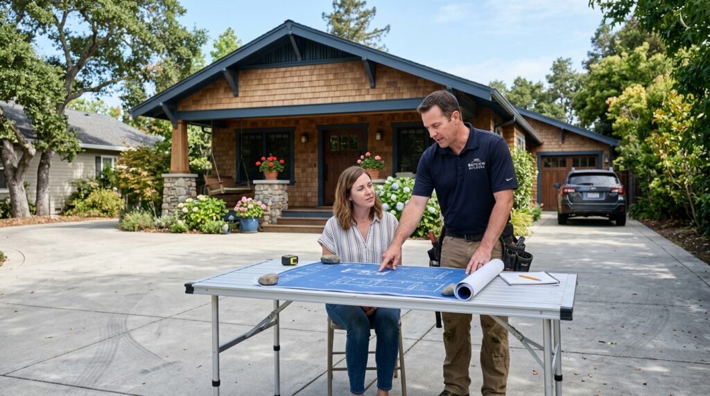 Bay Area remodel fall timing consultation with contractor reviewing blueprints outside a home