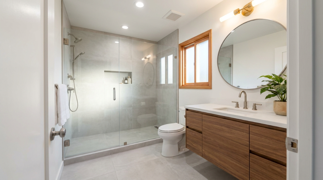 finished small bathroom remodel with large-format tile in Danville CA