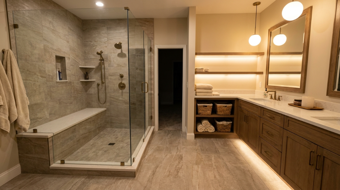 Finished primary suite walk-in shower with a built-in bench seat