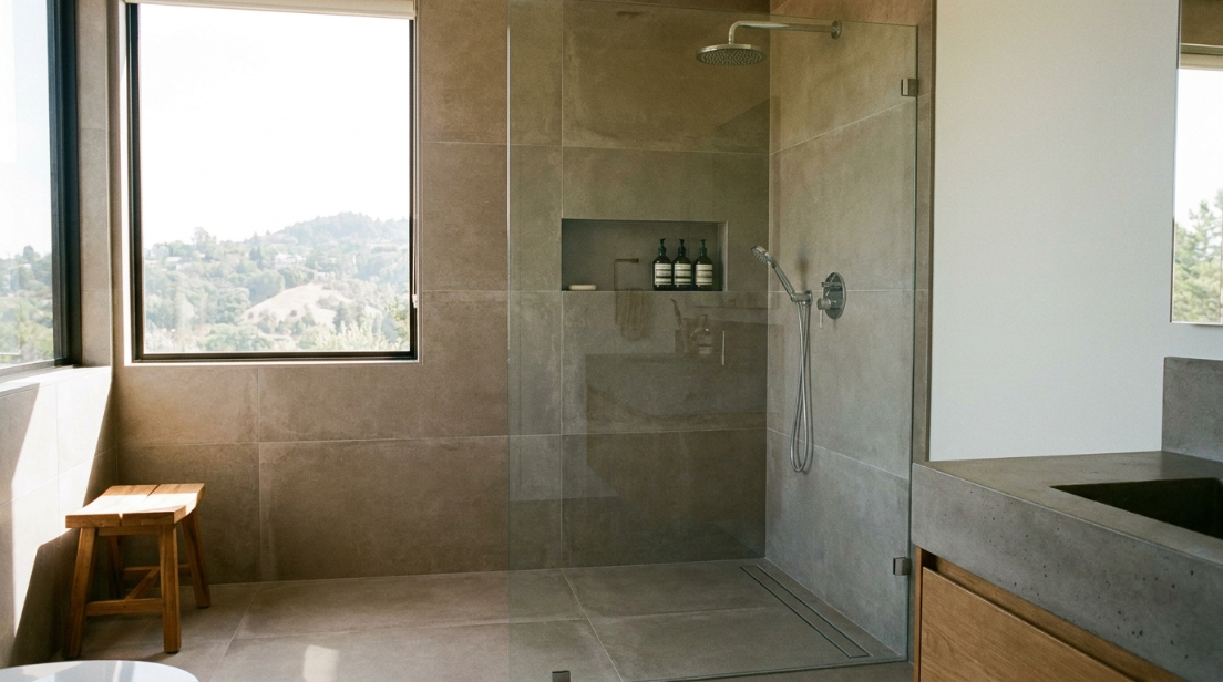 Curbless walk-in shower reflecting 2026 bathroom remodel trends Bay Area homeowners are choosing